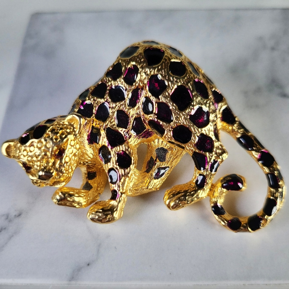 Vintage Park Lane Leopard Brooch & Pendant Purple Rhinestone Eyes Cheetah Estate